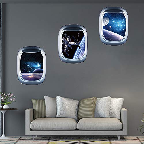 3 Pcs Universe Astronaut Space Capsule Window Wall Decals 3D Planet Spacecraft