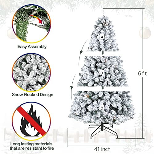 6ft Snow Flocked Artificial Christmas Tree with Pine Cones, 764 Tips, Metal Stand