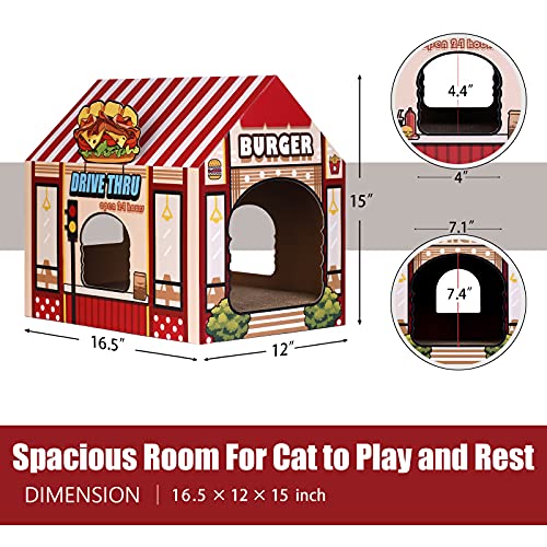 Cardboard Cat House with Scratcher/Catnip, (16.5''L x 12''W x 15''H) Kitty Burger Shop