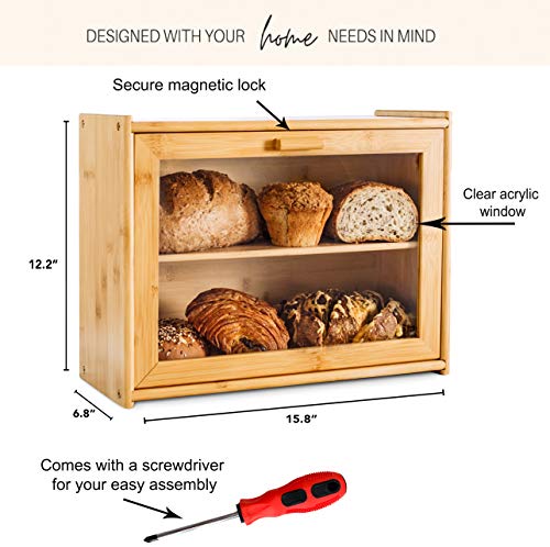 Bamboo Bread Box for Kitchen Counter - Double Layer Bread Storage with Clear Windows