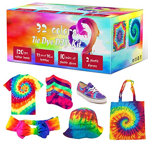 Tie Dye Kit,32Colors Fabric Dye Art Kit for Kids, Adults and Groups w/ Rubber Bands