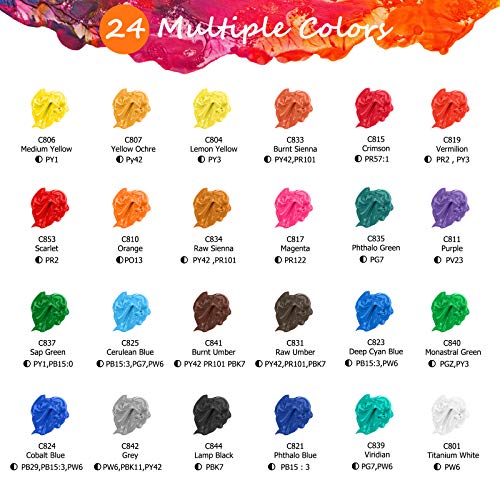 Caliart Acrylic Paint Set With 12 Brushes, 24 Colors (59ml, 2oz) Art Craft Paints