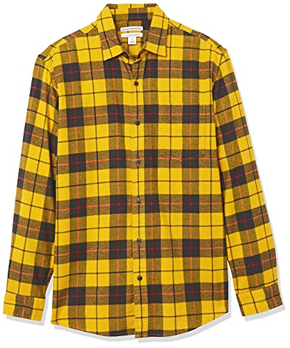 Men's Long-Sleeve Flannel Shirt (Available in Plus Size), Yellow, Plaid, Large