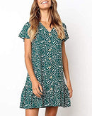 Womens Polka Dot V Neck Button Down Ruffles Loose Mini Short T-Shirt Dress