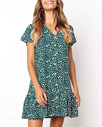 Womens Polka Dot V Neck Button Down Ruffles Loose Mini Short T-Shirt Dress