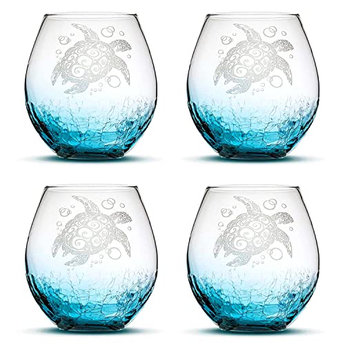 Set of 4, Sea Turtle Stemless Wine Glasses, Crackle Turquoise, Made in USA