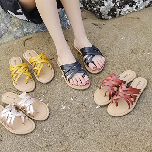 Women's Slide Flat Sandals - Comfortable Slip On Plait Toe Thong Strappy Shoes