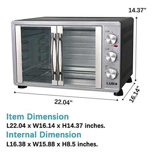 Luby Large Toaster Oven Countertop French Door Designed, 18 Slices, 14'' pizza, 20lb Turkey, Silver