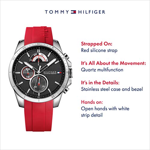 Tommy Hilfiger Men's Cool Sport Stainless Steel Quartz Watch with Silicone Strap, Red, 22 (Model: 1791351)