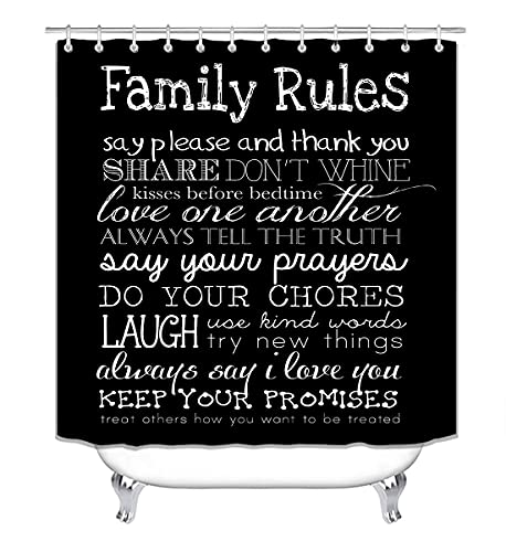 4PCS/Set Family Rules Black Shower Curtain, White Letters Inspirational Quotes