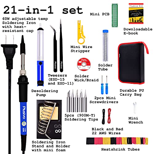 Soldering Iron Kit - Soldering Iron 60 W Adjustable Temperature, Solder Wire, Tweezers, Soldering Iron Stand, Soldering Iron Tips Set, Desoldering Pump, Solder Wick, Heatshrink Tubes [110 V, US Plug]