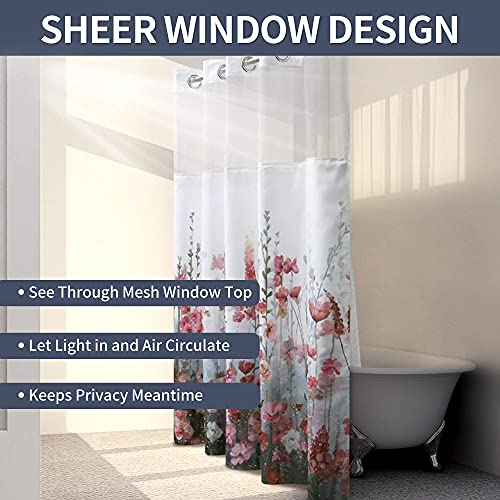 No Hook Shower Curtain with Snap in Liner Pink Flower Floral Fabric Cloth