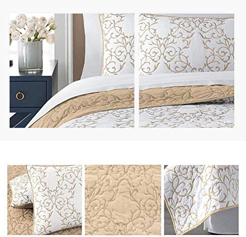 Reversible 100% Cotton 3-Piece Beige Embroidery Pattern Elegant Quilt Set