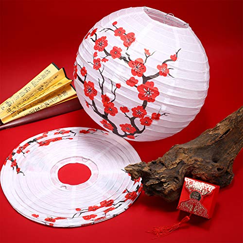 6 Pack Chinese Japanese Red Cherry Flowers Paper Lantern White Round Chinese