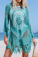 CUPSHE Women's Cover Up Blue Crochet Hollow Out Tassel Swimsuit