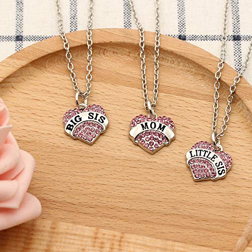 Pink Color Rhinestone Heart Shape Pendant Necklace for Mother Daughter 3 PCS