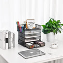 Lavatino 5 Tray Desk Organizer with Drawer, Mesh Paper Letter Tray Organizer with Handle and 2 Pen Holder, Desktop File Organizer and Storage for Letter/A4 Office File Folder