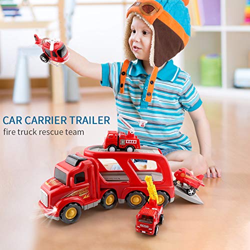 Fire Truck Car Toys Set, Friction Powered Car Carrier Trailer with Sound and Light