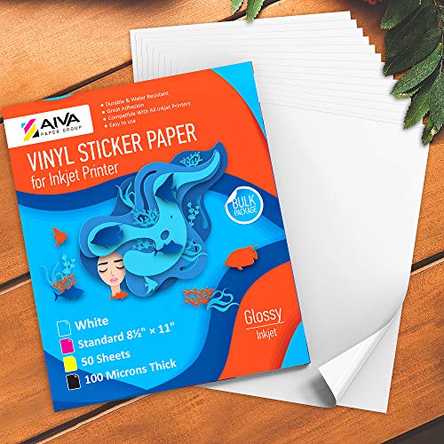 Printable Vinyl Sticker Paper - Waterproof Decal Paper for Inkjet Printer - 50 Self-Adhesive Sheets