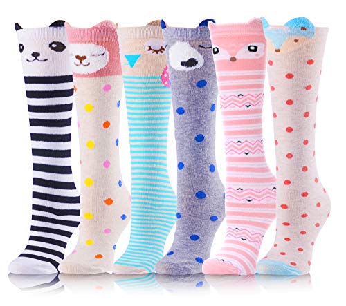 Kids Girls Knee High Socks Long Boot Crazy Silly Fun Gift Cute Tall Animal Socks for Child 6 Pairs