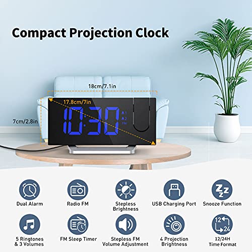 Projection Alarm Clock with 0-100% Dimmer and FM Radio, Dual Alarm, 5 Alarm Sounds