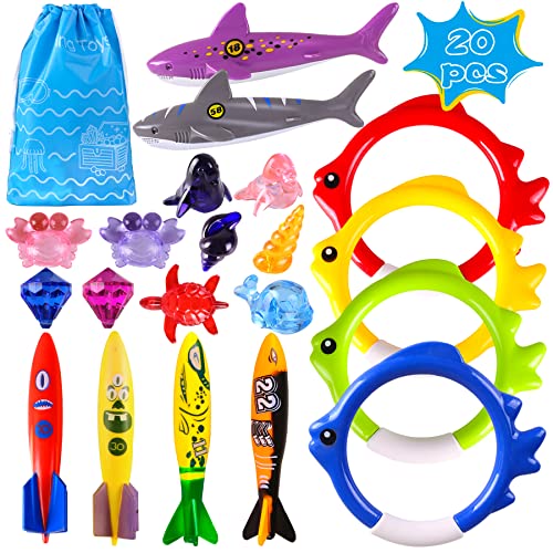 24 Pack Summer Pool Diving Toys for Kids, Fun Swimming Pool Games Sinking Toy Set, Underwater Diving Gifts with Storage Bag Include Torpedo Gems Shark Diving Rings Sea Animals for Boys Girls