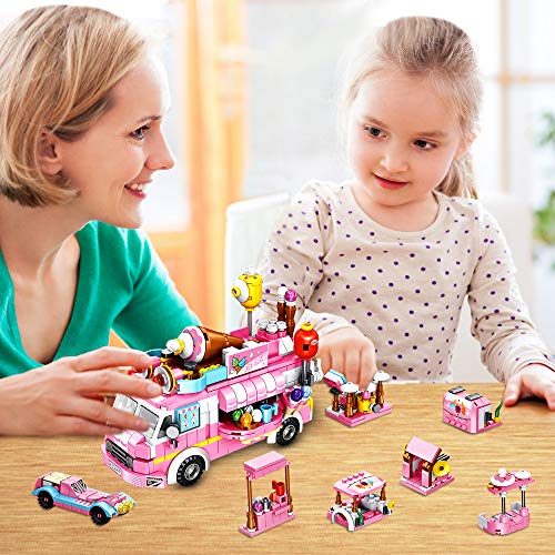 Girls Building Blocks Toys 553 Pieces Ice Cream Truck Set Toys for Girls 25 Models Pink