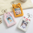 Cute Plush Kpop Photocard Holder with Keychain, Cartoon Bear Rabbit Cat Photo Sleeve