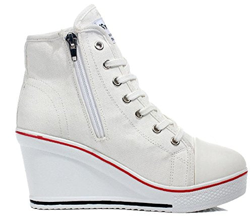 Women's Sneaker High-Heeled Fashion Canvas Shoes High Pump Lace UP Wedges Side Zipper Shoes (8.5 US, White)