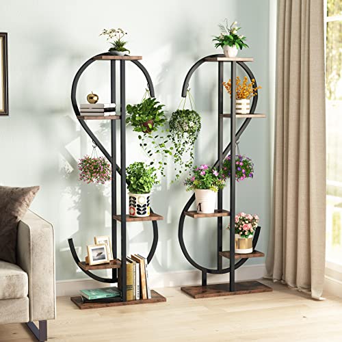 Tribesigns 5-Tier Indoor Plant Stand ,Creative Half Heart-Shaped Multiple Plant Stands for Indoor, Curved Metal Plant Shelf Rack with Hanging Hooks for Home Decor,Balcony(2 Packs)