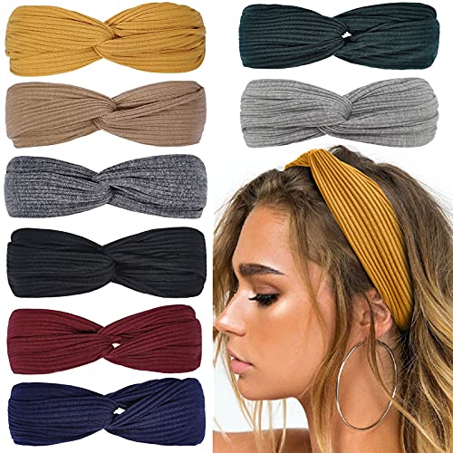 Headbands for Women Twist Knotted Boho Stretchy Hair Bands  Solid Color, 8Pcs