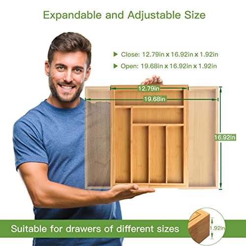 Bamboo Expandable Drawer Organizer for Utensils Holder, Adjustable Cutlery Tray
