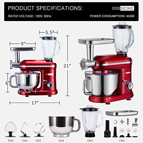 VIVOHOME 3 in 1 Multifunctional Stand Mixer with 6 Quart Stainless Steel Bowl, 650W 6-Speed Tilt-Head Meat Grinder Juice Blender, ETL Listed, Red