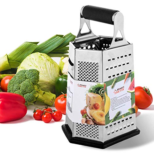 Kitchen Box Grater, Stainless Steel Grater - 6 Sides Stand Grater with Rubber Handle & Base