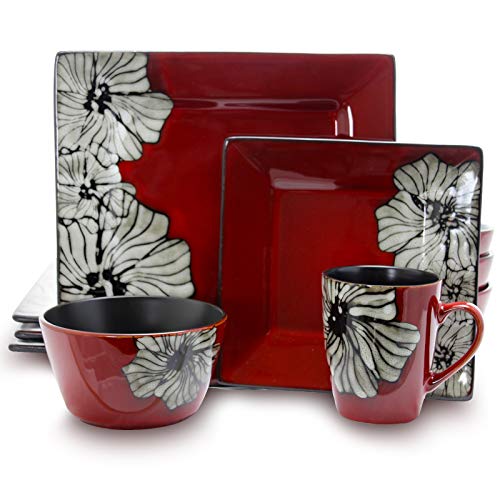 Elama Stoneware Dinnerware Collection, 16 Piece, Red with White Flower Accents