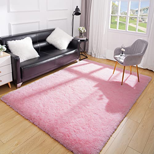 Shaggy Rugs Soft Fluffy Carpets, Fuzzy Rugs for Bedroom Rectangular Rugs 4' x 6' Pink