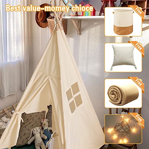 Kids Foldable Tent with Pillow, Banner, Fairy Lights, Blanket and Basket