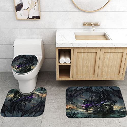 4PCS/Set Gothic Dragon Shower Curtain, Magic Mythical Creature Horror Black Dragon