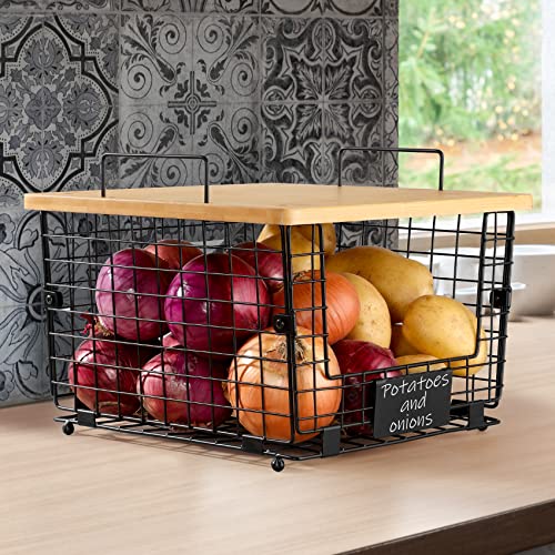 2 Set Kitchen Counter Basket with Bamboo Top - Pantry Cabinet Organization and Storage Wire Basket
