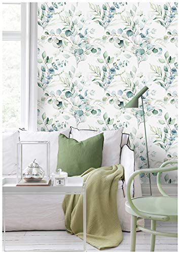 Peel and Stick Wallpaper Green/White Eucalyptus Leaf Floral Wall Mural