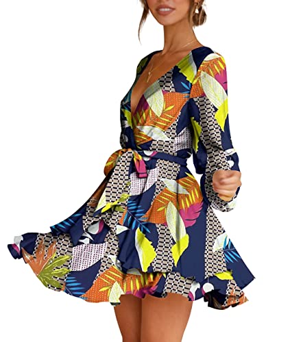 Womens Mini Dress Deep V-Neck Bishop Sleeve Printed Party Dresses