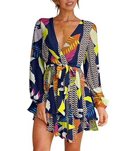 Womens Mini Dress Deep V-Neck Bishop Sleeve Printed Party Dresses