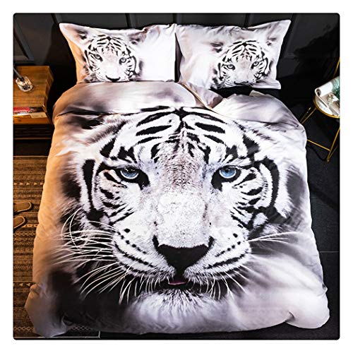 White Tiger Bedding Set Full Size 3D Animal Print for Kids Boys Teens Duvet Cover Set 3 Pieces