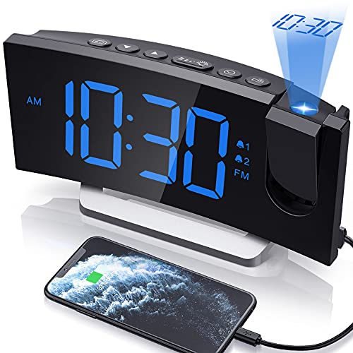 Projection Alarm Clock with 0-100% Dimmer and FM Radio, Dual Alarm, 5 Alarm Sounds