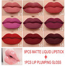 9Pcs Matte Liquid Lipsticks + 1Pcs Clear Lip Plumping Plumper Gloss Makeup Set