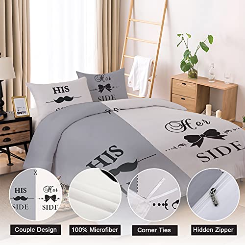 His Side and Her Side Duvet Cover Set Couple Gray and White Bedding Set with 2 Pillowcases