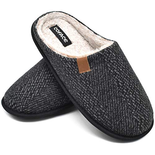 Mens Black Woolen Cozy Memory Foam scuff Slippers Slip On Warm House Shoes