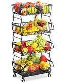 4 Tier Fruit Basket Stand with Lockable Wheels, 4 Wire Basket for Fruit Vegetable Pantry