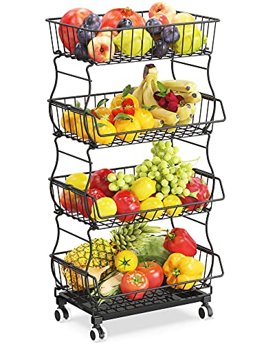 4 Tier Fruit Basket Stand with Lockable Wheels, 4 Wire Basket for Fruit Vegetable Pantry