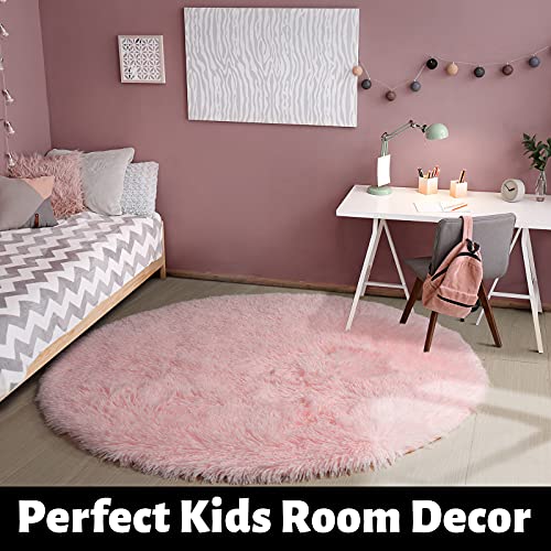 Pink Round Rug for Girls Bedroom,Fluffy Circle Rug 4'X4' ,Furry Carpet